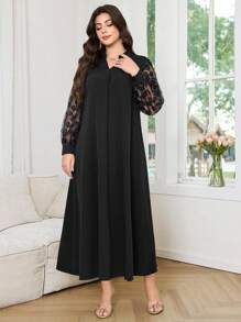 SHEIN Najma Women Stand Collar Lantern Sleeve Blouse, Loose Fit Luxury Embroidery Sequins Beading Patchwork Elegant Dress, Plus Size, Arabic Style