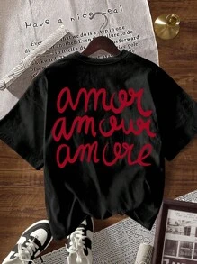 INAWLY Women's Casual Letter Print Round Neck Short Sleeve T-Shirt, Summer - Black - View 6