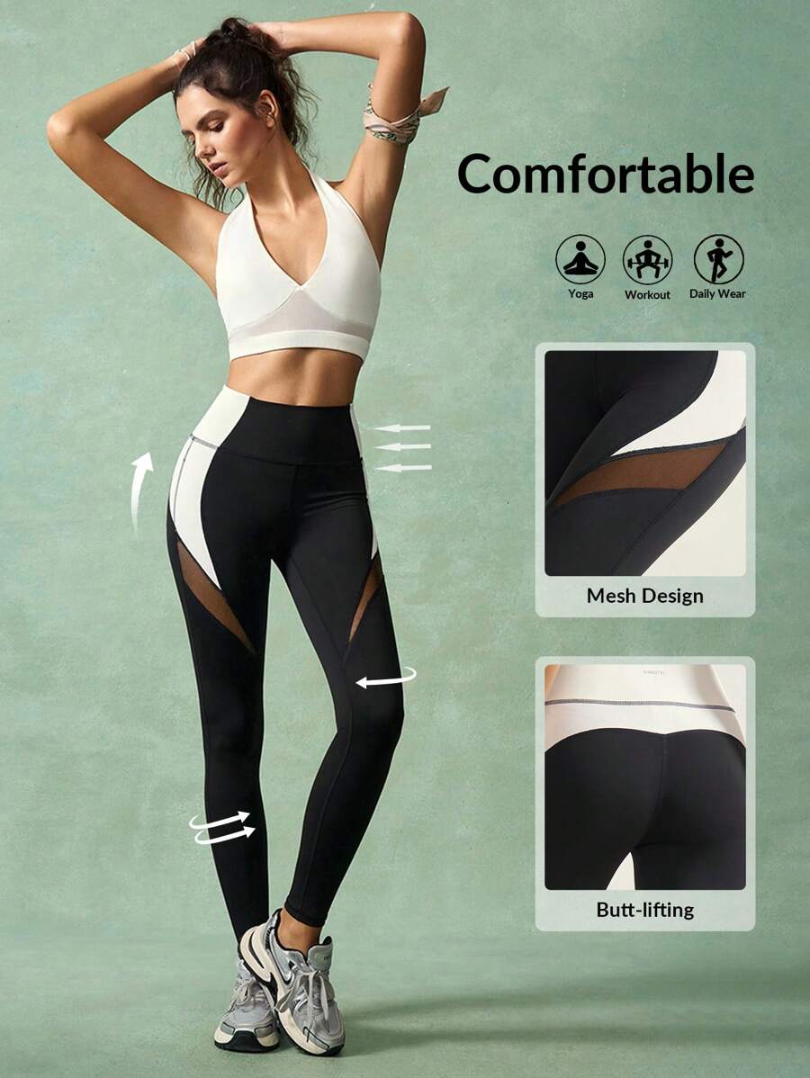 VARSITIE Kontrasfarbige Mesh-Patchwork-Leggings mit hoher Taille, modisch für den Sport