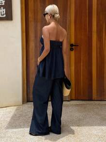 Livesso 女式方领泡泡袖上衣和阔腿牛仔裤两件套，夏季 - 藍色 - 查看 2