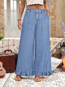 EMERY ROSE Plus Size Denim Vacation Style Frill Trim Wide Leg Pants - Medium Wash - View 5