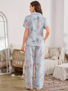 Serenescape Ruffled Floral Print Short Sleeve Top & Long Pants Pajama Set Holiday Season - Baby Blue - View 2