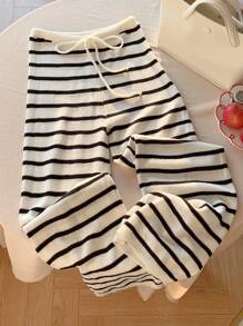Comfortcana Black & White Striped Print Drawstring Waist Women's Casual Knit Pants In Fall/Winter - Black and White - View 5