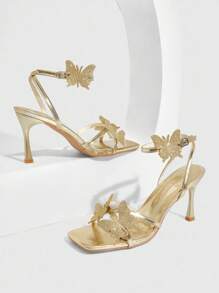 CUCCOO SZL Women's High Heel Sandals With Butterfly Element, Multi-Strap Crisscross Design, Square Toe, Stiletto Heel, Ankle Strap, Light Gold PU Metallic Material, Sexy High Heel Sandals For Christmas - Gold - View 4