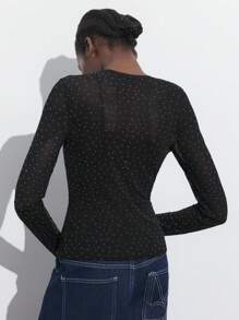 Maija 女式黑色闪亮拼接百搭紧身衣，派对俱乐部装，可单独穿着或分层穿着，黑色闪亮水钻装饰紧身套头衫，女士服装情人节休闲女士旧款