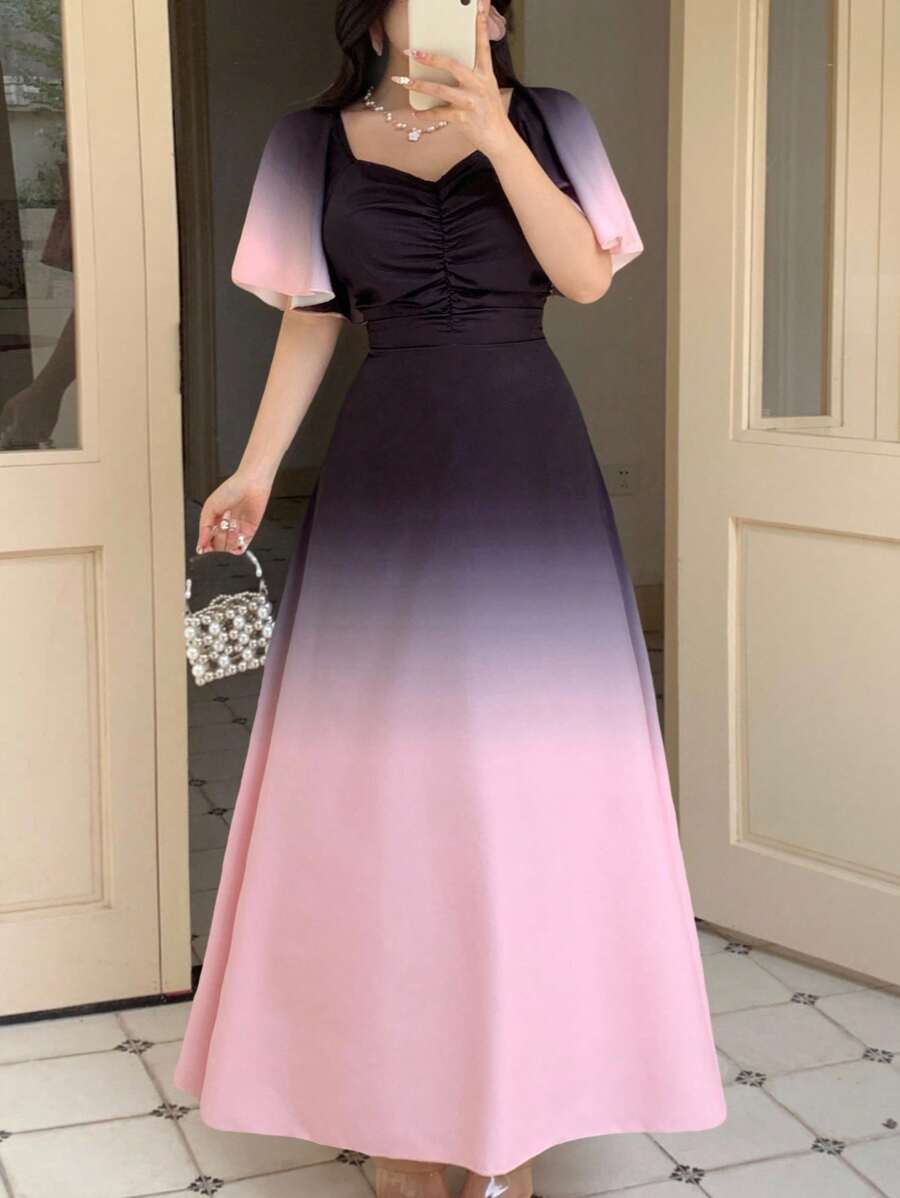 Modelyn 女式黑色至紫红色渐变蝙蝠翼短袖褶皱可爱法式夏装