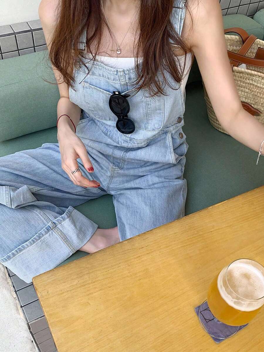 DAZY 高腰修身浅蓝色直筒牛仔背带裤女款阔腿及地裤 - 淺色水洗藍 - 查看 1