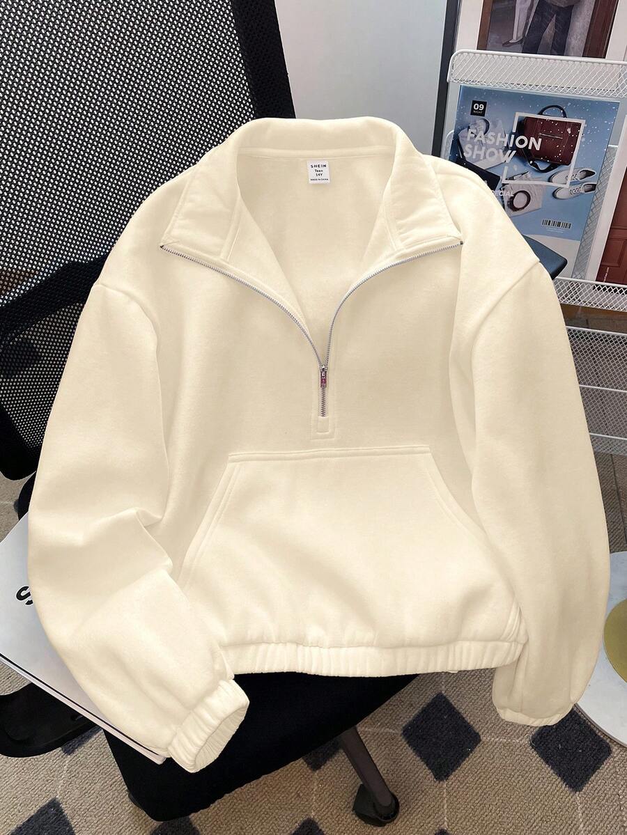 SHEIN 少女纯色落肩拉链半开襟休闲运动衫 - 杏色 - 查看 1