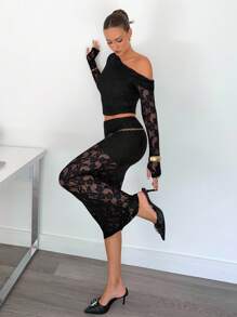 Siren Gaze New Black Sheer Elegant Lace 2-Piece Set For Women, Autumn Black Lace Two Piece Set Elegant Two Piece Set,Off-The-Shoulder Lace Top Winter Black - Black - View 4