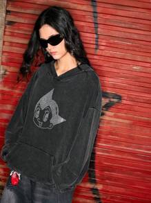 Astro Boy X ROMWE Back To School Collegiate Style Rhinestone Embellished Loose Fit Sweatshirt For Women