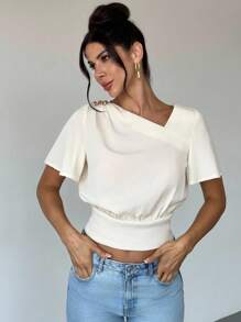 Firerie New Minimalist Fashion Commuter Asymmetric Neckline Short Sleeve Pullover Blouse, Slim Fitting