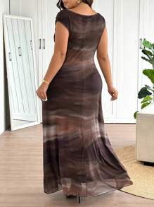 Elaquor Vestido Longo Elegante para Mulheres Grandes com Estampa de Tie Dye e Calda de Sereia, Vestidos Formais para Mulheres