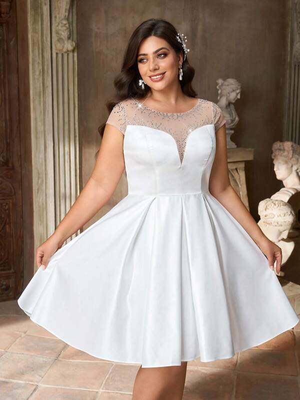 Aureia Plus Size Elegant Sexy Round Neck Sheer Deep V Neck Luxury Rhinestone Large A-Line Dress For Formal Occasions, Parties, Gift Giving All White Party Outfits For Women