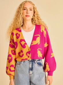 Cárdigan de punto ligero con estampado tropical y divertido de leopardo para mujer en otoño/invierno - Multicolor - Ver 4