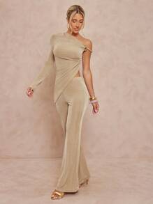 Lumalex Fall Modest Old Money Coquette Glitter Holiday Party Outfit Rave Festival Outing  Swim Vacation Bohemian BOHO Sea Beach Hot Outdoor Richly Layered Wedding Season Banquet Coming Of Age Ceremony Beach Seaside 2pcs Women Elegant Plain Color Oblique Shoulder Ruched Top And Pants Set - Khaki - View 8