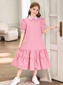 Robe d'été décontractée pour jeune fille avec patchwork à carreaux et manches bouffantes - Rose bonbon - Voir 7