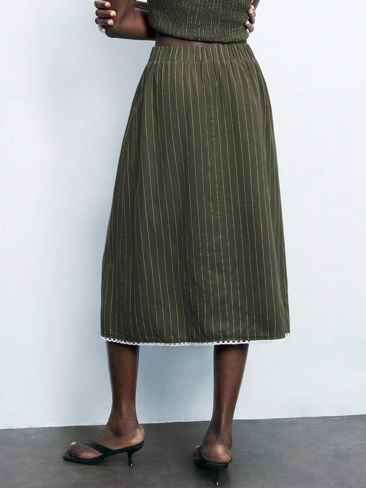 SHEIN Maija Women's Contrast Lace Decorative Early Spring & Summer Casual Bohemian Fashionable Design Comfortable Loose Elastic Waist, Front Panel Split With Bowknot Decoration Lace Embroidery Mid-Length Skirt, St. Patrick's Day Business Casual Vintage Style Skirt