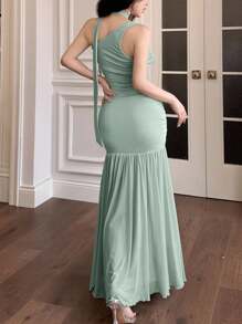 Modelyn 女式针织罗纹网眼荷叶边不对称飘逸休闲夏装 - 綠色 - 查看 2