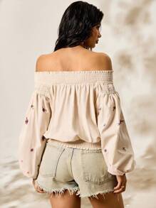 Easelle Áo sơ mi Bohemian phương Tây rộng rãi thêu tay đèn lồng phía trước - Màu be - Xem 3