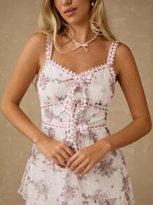 Enchnt 春夏浪漫女士白色蕾丝花卉印花细肩带蝴蝶结长裙，甜美优雅，适合度假、约会、节日、派对、毕业典礼、婚礼嘉宾和海滩，舞会礼服，女士夏季连衣裙，女士太阳裙，夏季服装，优雅派对连衣裙 - 彩色 - 查看 2