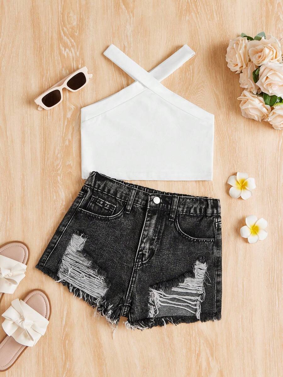 SHEIN Tween Girls Solid Color Casual Tank Top & Ripped Denim Shorts 2Pcs Set