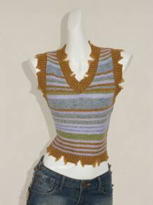 SHEIN ICON سترة مخططة مصنوعة من الأكريليك، بطراز عتيق، مناسبة للارتداء المنزلي، اليومي، والخروج، ملابس نسائية للخريف والشتاء