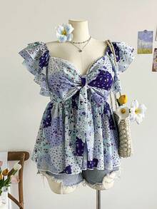 Dreamara Áo cánh tay lửng cổ chữ A họa tiết hoa voan xinh xắn dành cho nữ mùa hè cỡ lớn - Nhiều màu - Xem 6