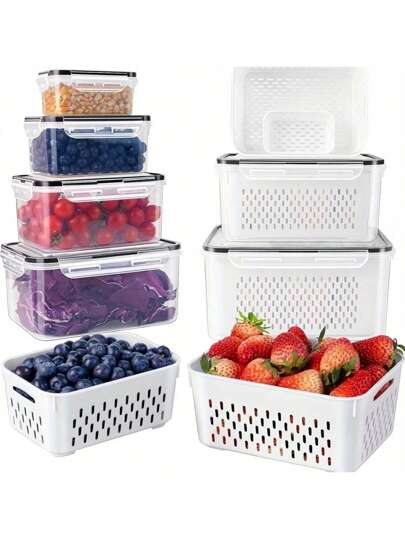 SHEIN 4 件/套带盖塑料食品储存容器，适用于冰箱 - 透明、可清洗的保鲜盒，带沥水托盘，适用于水果、蔬菜和干货 - 多功能密封厨房收纳盒，适用于露营和餐饮