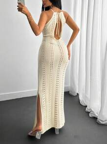 CLARA VERO Vestido midi tipo cubrecuerpo con cuello de halter y diseño hueco, estilo de playa para uso en verano