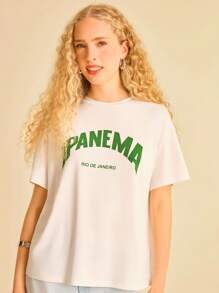 CAJUNI 女士绿色字母印花休闲度假白色T恤