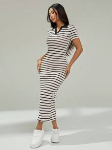 SHEIN PETITE Robe longue à manches courtes avec col polo tricoté à rayures pour femmes