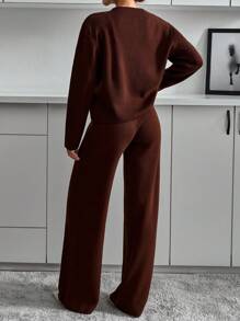 EURMUSE Women Button Front Cardigan And Sweater Pant 2pcs Set Co-Ords Two Pieces Set,Petite,Winter Clothes - Brown - View 2