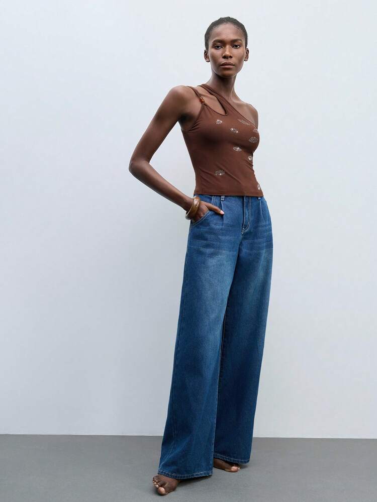 SHEIN Maija Blusa ajustada informal sin mangas con estampado de labios marrones, un solo tirante asimétrico con strass, estilo urbano y versátil, para el otoño