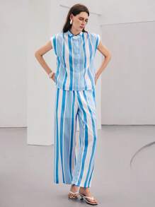 Chiquease 2件套女士休闲条纹吊带背心和裤子套装 - 藍白色 - 查看 4