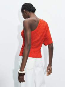 Maija Women's Orange Asymmetrical Neck Side Ruched Design Summer, Urban Casual Slim Fit Shoulder Ruched Front & Side Hem Pullover Top, Suitable For St. Patrick's Day, Spring Break, Easter - Coral Orange - View 2