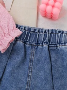 SHEIN 女宝宝时尚提花蝴蝶结装饰长袖套装+斜挎包 - 粉色 - 查看 6