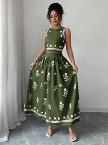 Elenzga Women Floral Print Crew Neck Sleeveless Top And Pleated Mini Skirt 2pcs Set, Fashionable