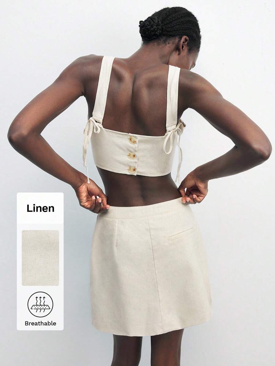 Maija 2025 Summer New Music Festival, Graduation, Beach Vacation Outfit, Bohemian Tie-Up Bowknot Back Open Button Asymmetric Cut Midi Skirt 2 Pieces Set For Women, Casual Daywear - Beige - View 1