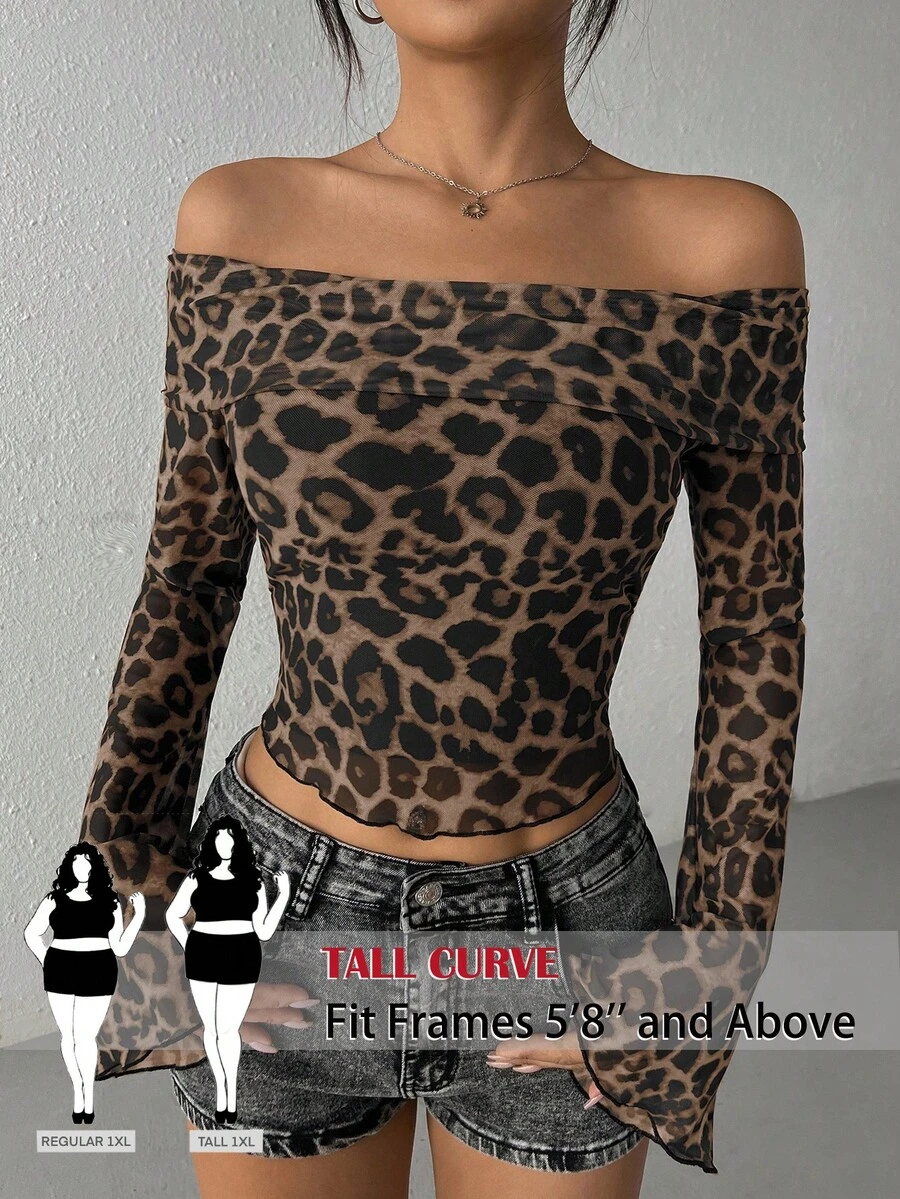 SHEIN Tall CURVE Plus Size Women's Off Shoulder Leopard Print Mesh Puff Sleeve Cropped T-Shirt - Brown - View 1