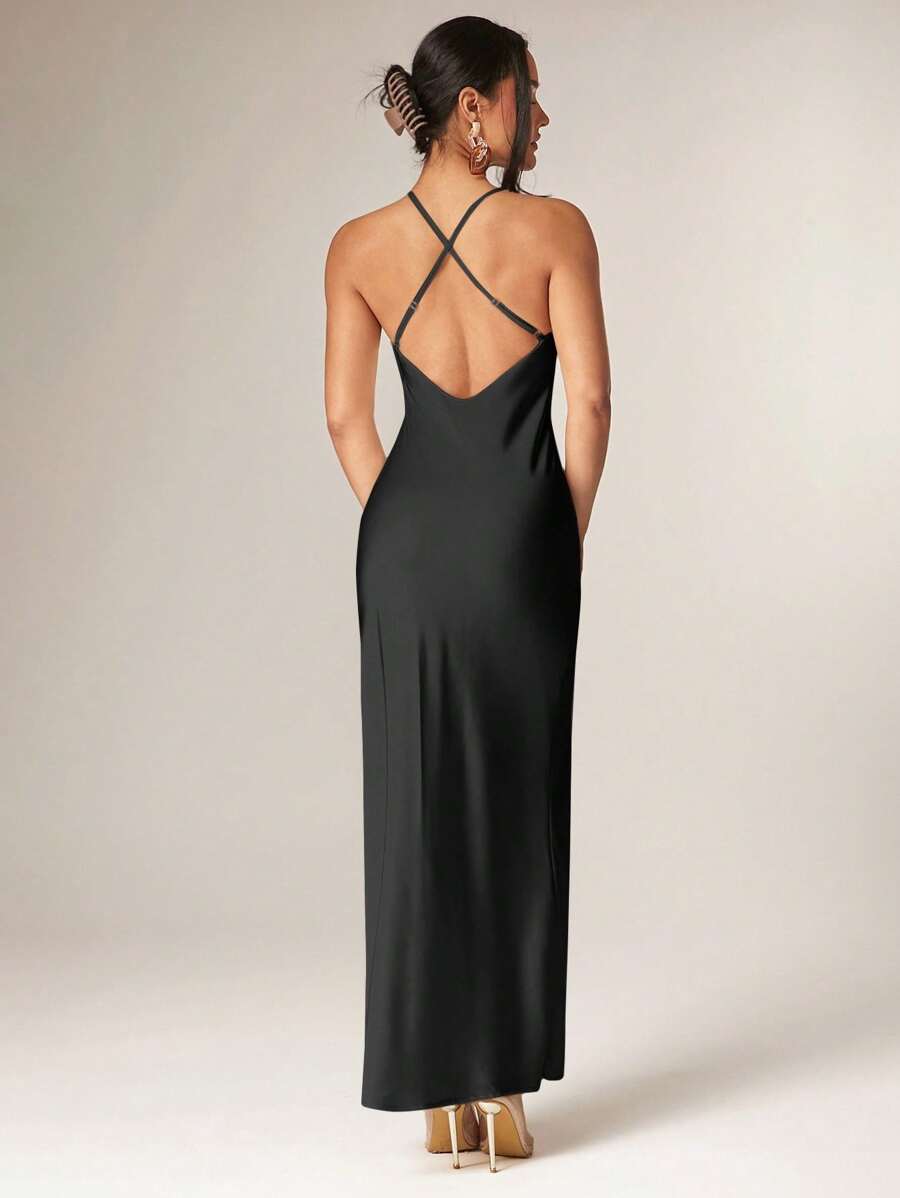 Silquee 优雅性感露背挂脖长裙 - 黑色 - 查看 1