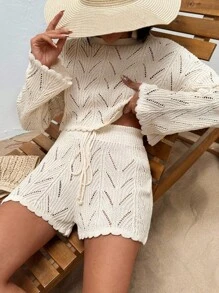 EURMUSE Ensemble deux pièces de style crocheté, couleur unie, pour l'été. Vêtements d'été pour femmes. Tenue en tricot deux pièces pour femmes. Tenues deux pièces avec shorts pour femmes. - Beige - Voir 7