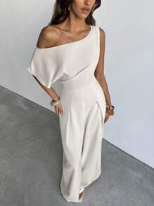 Aloruh 女士优雅商务通勤日常休闲办公室服装教师服装老款端庄斜肩不对称纯色返校节连体裤杏色褶皱阔腿宽松时尚不对称肩连体裤 - 杏色 - 查看 3