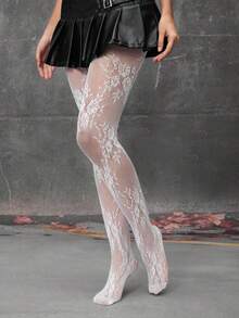 ROMWE Goth 1 Pair White Floral Fishnet Tights/Pantyhose - White - View 3