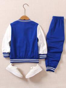 SHEIN 2pcs/Set Young Boys Jacket Outfit, College Style Cardigan&Matching Pants, Autumn, Career Day, Back-To-School Knitted Baseball Collar Letter B Suit - Blue - View 3
