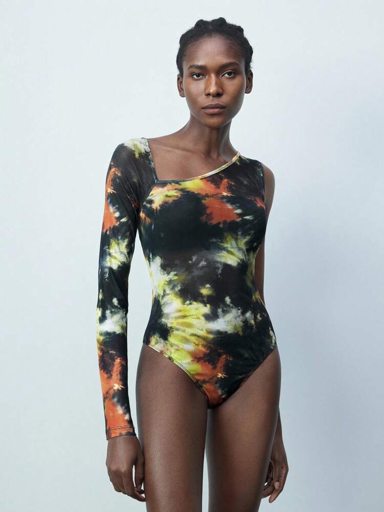 SHEIN Maija Women's Multi-Color Abstract Floral Digital Print Modern Versatile Asymmetric One Shoulder Long Sleeve Bodysuit, Casual Bodysuit Hippie