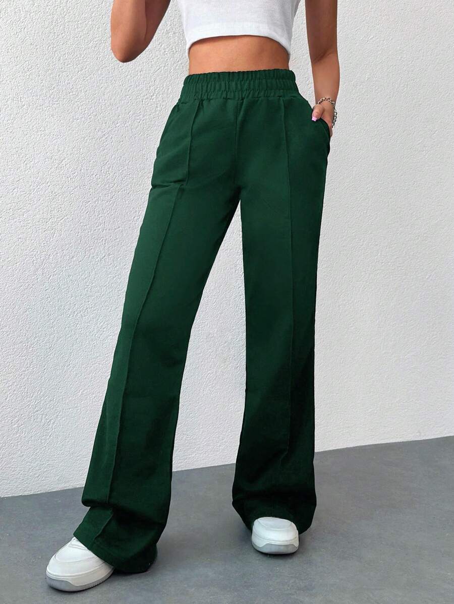 EURMUSE 100%Cotton Solid Color Wide Leg Pants With Elastic Waistband - Hijau - View 1