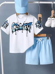 GraphicGems 男童“最酷兄弟”涂鸦脸印花圆领短袖白色T恤和蓝色梭织短裤两件套