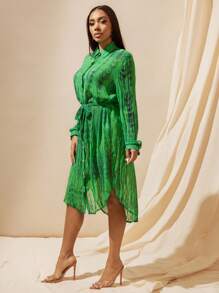 Vixey 扎染透明褶皱雪纺长款纽扣领长袖衬衫，女式，绿色度假，度假上衣 - 彩色 - 查看 4