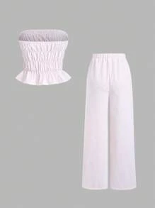 Sweetra 2 件套女士春季休闲风格蓝色条纹宽松短款上衣和阔腿裤 - 粉色 - 查看 2