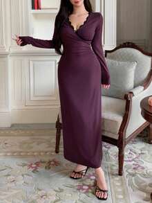 DAZY 蕾丝拼接腰部褶皱设计长款束腰女士睡裙，秋冬季舒适保暖服饰 - 紫色 - 查看 5